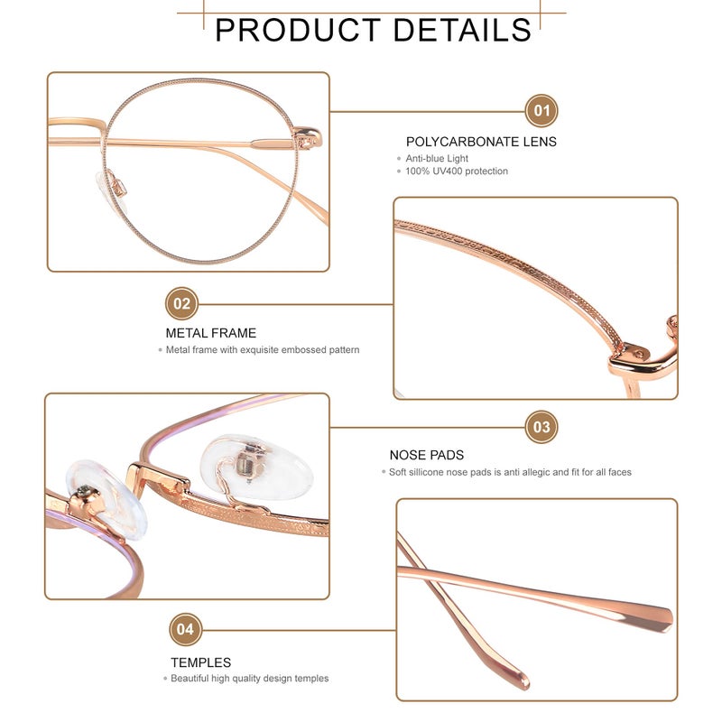 ANDWOOD Blue Light Blocking Glasses Women Men Computer Small Face Clear Bluelight Blocker Metal Frame Round Rose Gold - Image 2